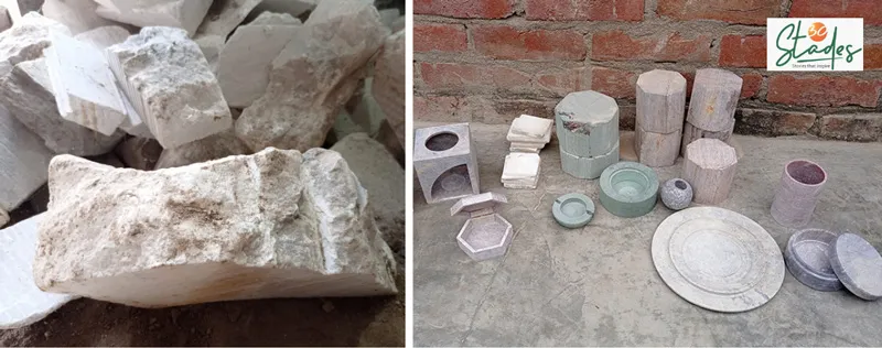 Left: Raw stone; Right: stone cut into different shapes using machines. Pic: Al Maun 30stades