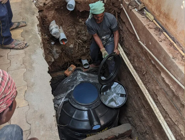 Rainwater harvesting system being set up at a home in Hyderabad. Pic: Rainwater Project 30stades
