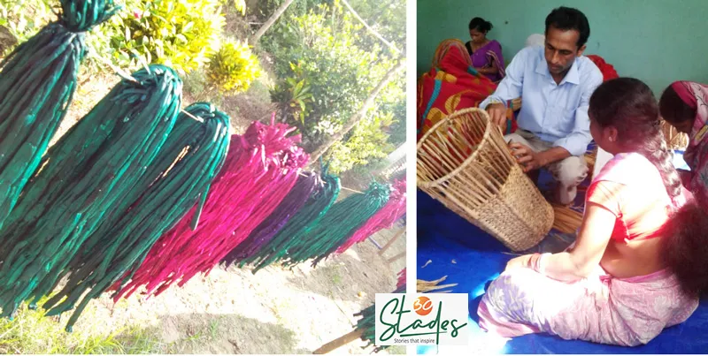 Hyacinth stems left for drying after colouring. Bipin Kalita guiding women in weaving (Right). Pic: Bipin Kalita 30 stades