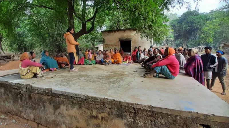 Yuva Compass member counselling the youth at Gram Sabha in the presence of locals. Pic: Udyogini 30stades