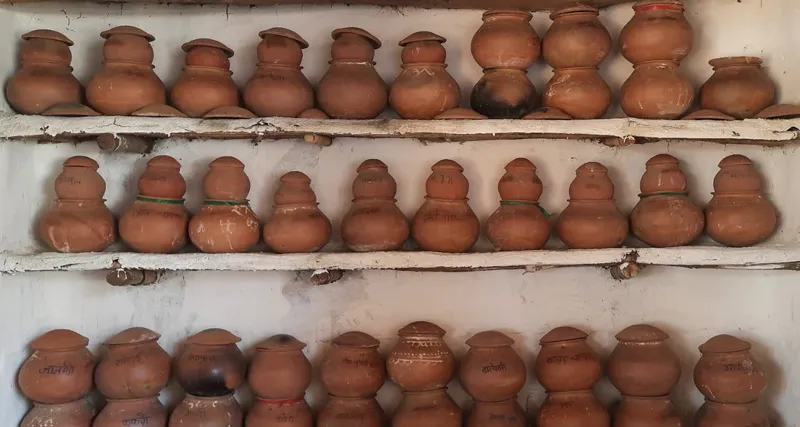 Seeds stored in earthen pots at Rajkumar Choudhry's house in Lotmara Village. Pic: Rajkumar Choudhry 