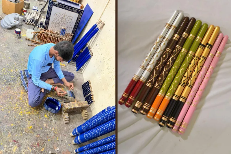 An artisan hand painting a traditional motif (Left). Colourful hand painted dandiya (right). Pics: Dharmesh Kharadi 30stades