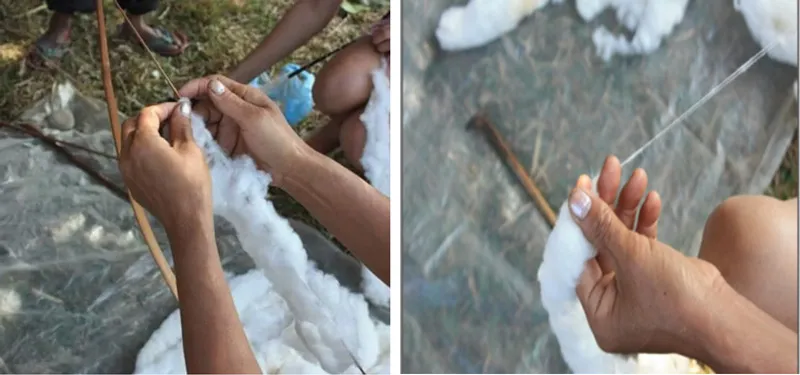 Fluffing lint (left) and spinning cotton yarn (right). Pic: Exotic Echo 30stades