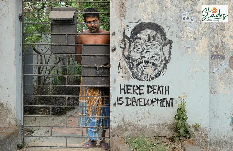 'Here Death is Development', referring to TMC. Pic: Soumik Kundu