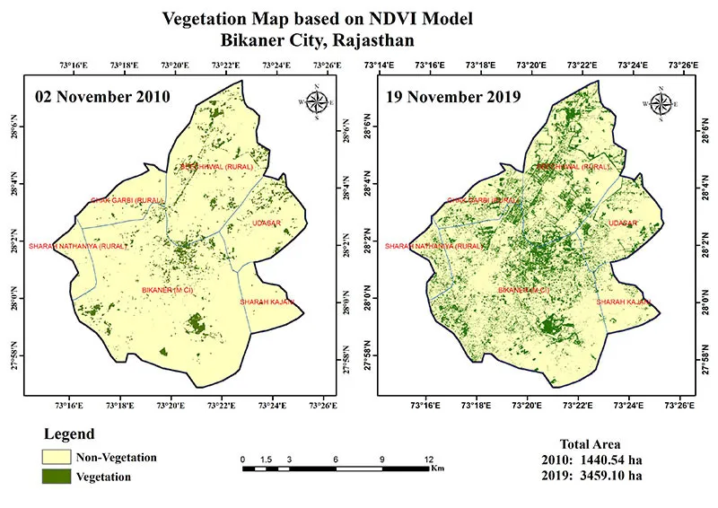 Increase in vegetation cover in Bikaner. Pic:  Pic: Nimish Narayan Gautam, JRF, CAZRI, Jodhpur
Image source: Landsat, Sentinel 2 A 30stades