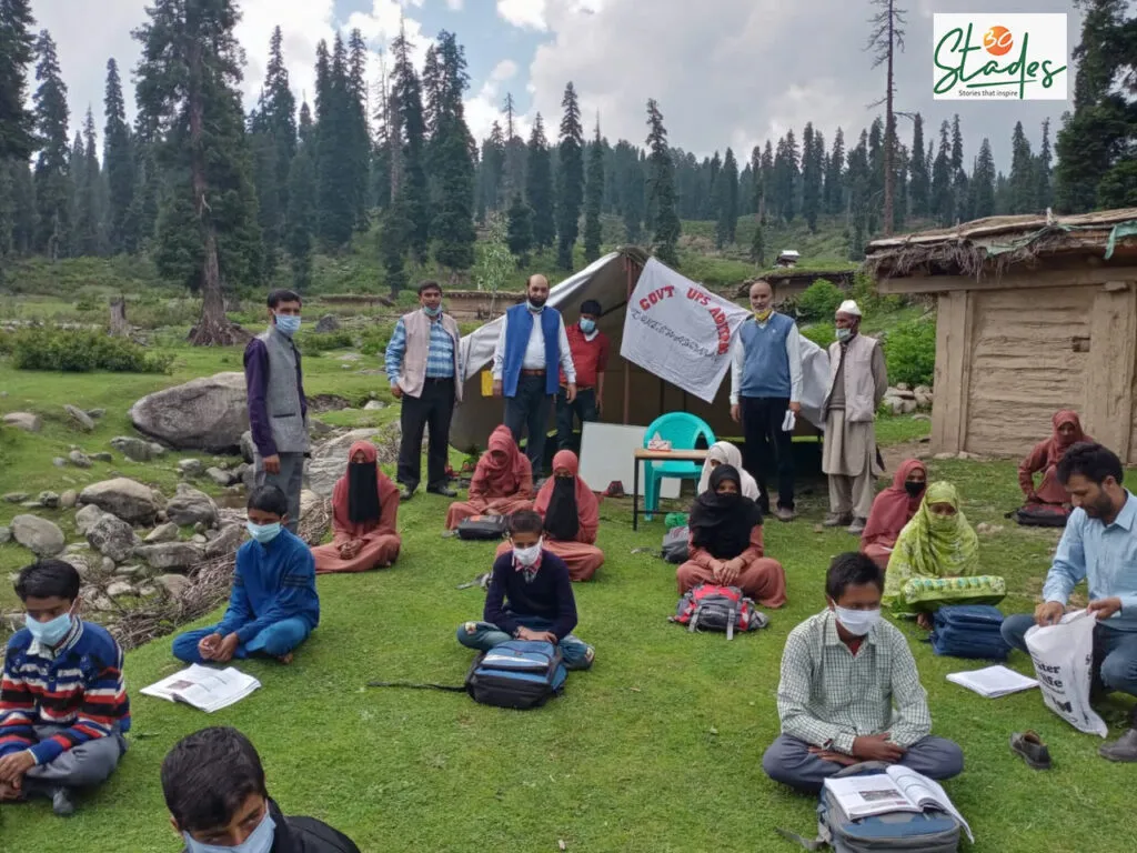 Teachers in many parts of India innovated methods to teach students who could not access online classes. Here, teachers in Kashmir running open-air classrooms. Pic: Rouf Fida