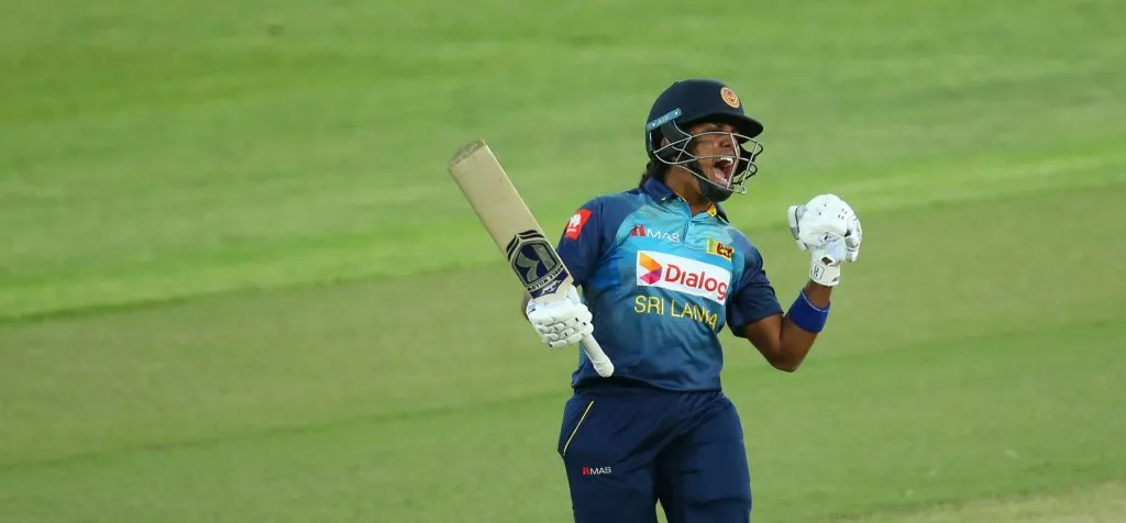 Chamari Atapattu celebrates her maiden T20I ton. © Getty Images