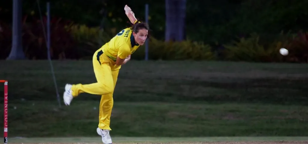 Megan Schutt sends down a delivery in the first ODI. © Cricket Australia