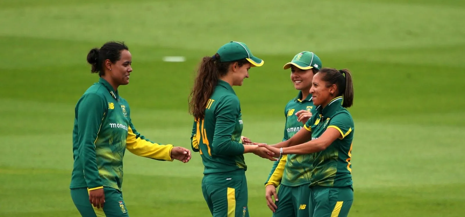 Shabnim Ismail celebrates a wicket with her teammates. © Getty Images