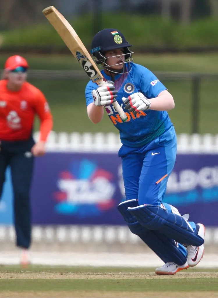 Shafali Verma tucks a delivery off her hip. © Getty Images