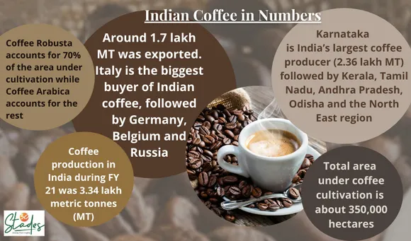 Coffee cultivation in India. Data source: Coffee Board. Infographic: 30Stades indian coffee statistics information infographic