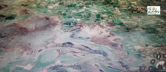 Encroachment for cultivation and construction around Kanwar Lake (patch in pale blue), is rapidly increasing. Pic: through Google Earth, taken on November 1, 2020/ 30Stades