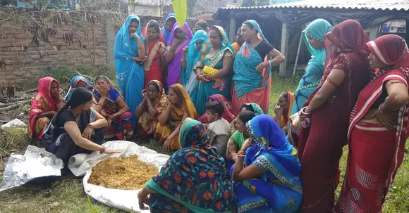 Pushpa Jha (in black) providing training to women Darbhanga. Pic: Courtesy Pushpa Jha