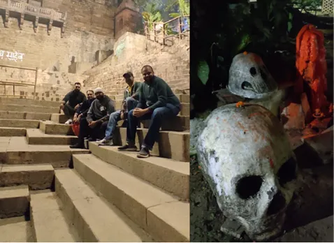 Death and Rebirth Night Walk: In front of Man Mandir Ghat (left) and inside Baba Kinaram Aghori Ashram (right). Pic: Varanasi Walks 30stades