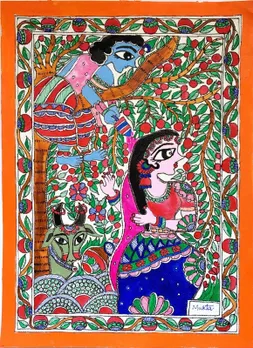 Madhubani or Mithila painting from Bihar showing Krishna playing Holi with Radha. Pic: Flickr  30stades