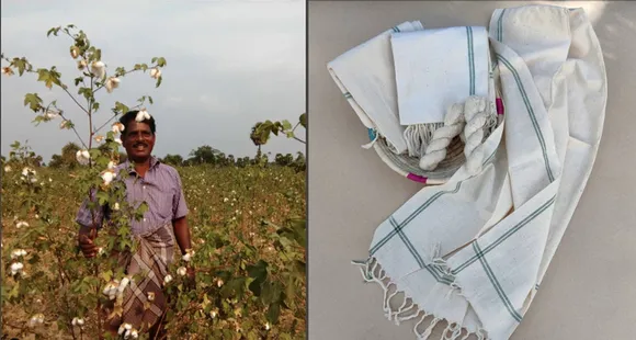 A farmer cultivating desi cotton (left) and Tüla's organic cotton products (right). Pic: Tula 30stades