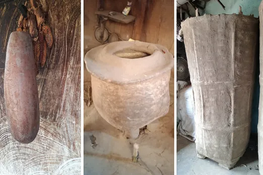 Indigenous seed storage structures. Dried bottle gourd, clay storage tank and a seed storage structure smeared with clay and cow dung. Pic: PRADAN and Vaagdhara 30stades