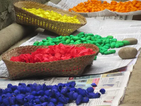 Cocoons are first dyed in natural colours and then cut to create handicrafts. Pic: Leima Liklang Nayin.    