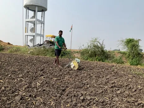 Reddy using seed machine for sowing. He does not transplant paddy unlike most other farmers. Pic: M M Reddy