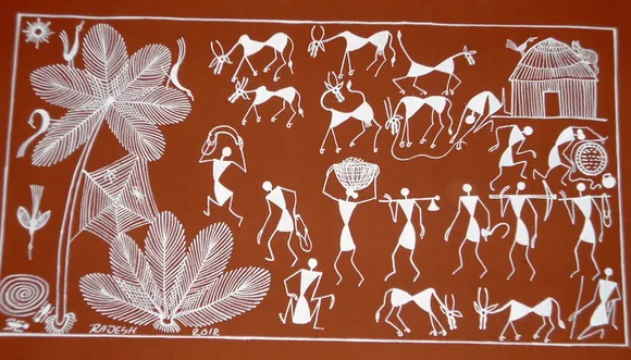 The Warli art uses three basic shapes – circle, triangle and square, each depicting a part of Mother Nature. Pic: Flickr
 30stades