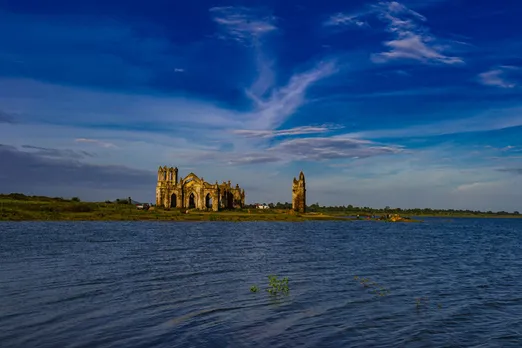 The view of Shettihalli Rosary Church from the Hemavati Reservoir. Pic: Wikipedia