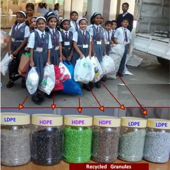 Plastic waste is collected from schools and recycled into granules. Pic: Sagarmitra 30stades