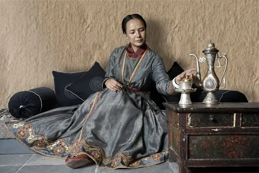 Namza's charcoal grey Mogos (a traditional Ladakhi dress) enriched with embroidery and bespoke print. Pic: Namza 30stades