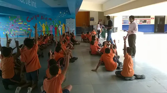 Kuldeep and Gautam taking a session in a school. Pic: Reap Benefits 30stades