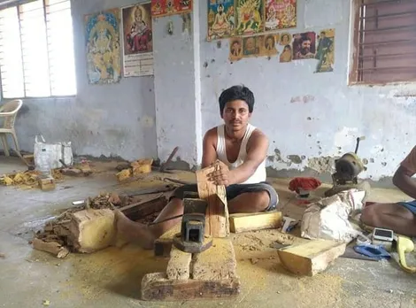 Eswara Rao Divili cutting wood for making Bobbili Veena at his workshop in Gollapalli. Pic: through Eswara Rao Divili 30 stades