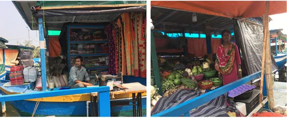 Sanjit Sil at his tailor shop in the floating market (left); Marjina comes from  Marjina from Champa Hati village to her shop every day. 