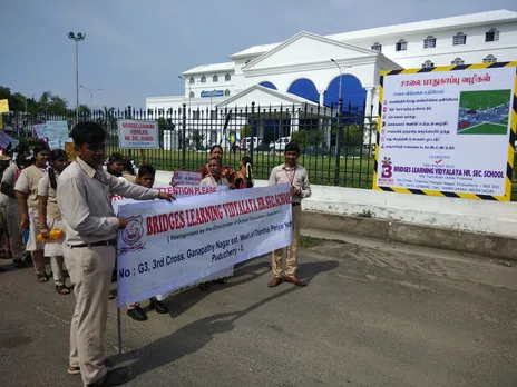 Students undertaking a road safety awareness campaign. Pic: Bridges Learning Vidyalaya 30stades