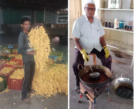 Veljibhai (Right) preparing dates syrup from his farm produce (left). At 71, he keeps up his enterprising spirit. Pic: Kesar Farm 30stades