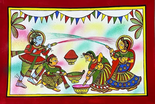 Kalyan Joshi's Phad painting shows Radha and Krishna along with a gwala and gopi celebrating Holi. Pic: Courtesy Kalyan Joshi 30stades