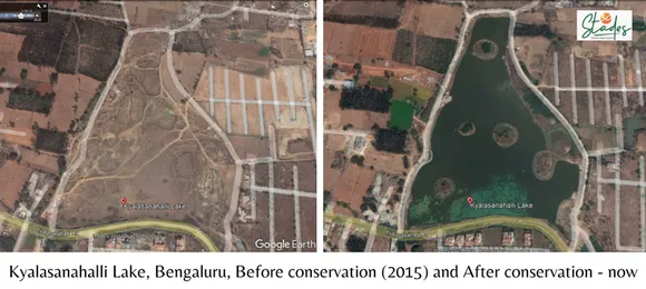 Kyalasanahalli Lake Bengaluru before and after conservation by Anand Malligavad Pic: Google Earth/30Stades