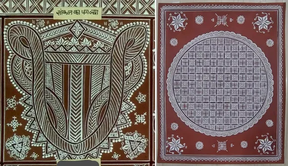 (Left): Saankal ka Paaglya - This Mandana represents goddess Laskhmi's feet and is considered auspicious. It is made on Diwali to invite the goddess into the house. (Right): Dev Deepak ki Chauk - In olden days, this Mandana was made in the main temple in the village in front of the Tulsi plant. Pic: Dinesh Soni 30stades