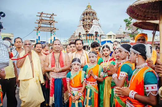 Nrutya Visharad Kumar Bhimsen (centre) with Gotipua dancers during the Jagannath Rath Yatra, Puri. Pic: Courtesy of Kumar Bhimsen 30stades