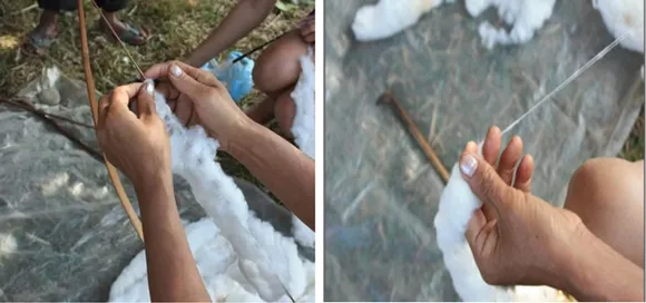 Fluffing lint (left) and spinning cotton yarn (right). Pic: Exotic Echo 30stades