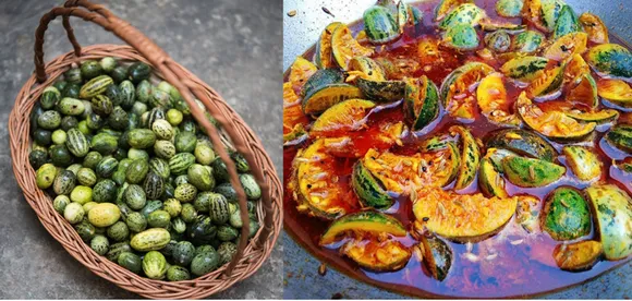 Left: Kachri or wild melon found in arid western region of India and its pickle (right).