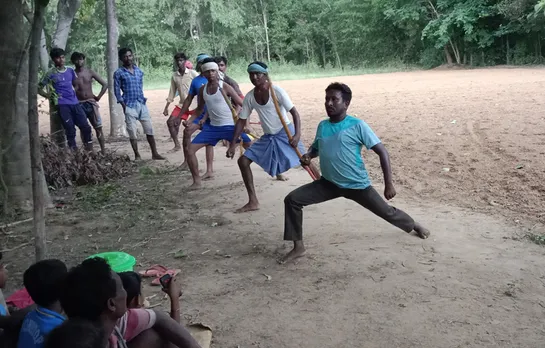 Sambhunath Karmakar (extreme Right) is training others in Chhau. He has set up  the Apsara Sevayatan Chhou Training Center with government scholarship but is hoping for  better days for the art. Pic: Courtesy Sambunath Karmakar 30stades