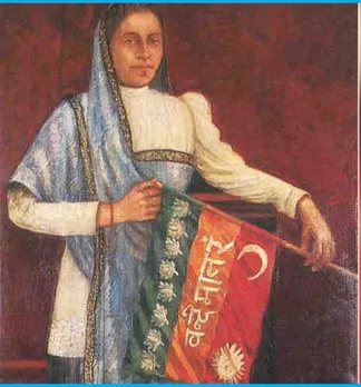 Madam Bhikaji Cama with the Saptarishi Flag, which she first hoisted in 1907. Pic: Wikimedia Commons 30stades