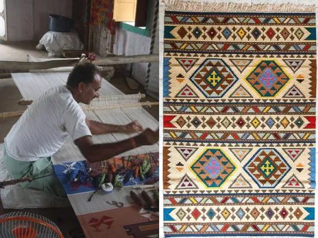 An artisan working on the Panja loom using the tapestry weaving technique (Left). A finished dhurrie (Right). Pic: Kalavilasa 30stades