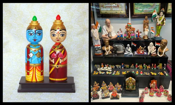 Doll couple (Left) and freedom fighters and Bharat Mata dolls on the top two shelves (Right). Pic: Ramsons Bombe Mane 30stades