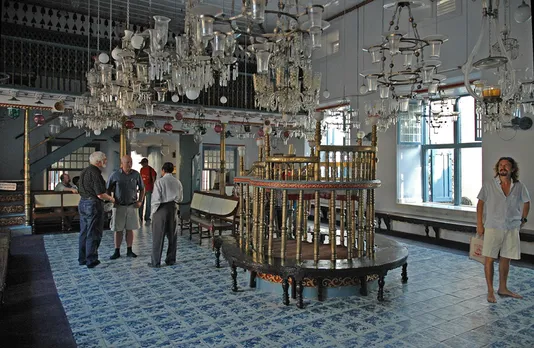 Inside the Paradesi Synagogue where prayers are now held only on special occasions because there are just 4 or 5 Jews in Jew Town now. Pic: Wikipedia