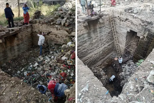 Gachi Baoli, the 200-year-old stepwell, had become a dump yard (left). Restoration work (Right). Pic: Rainwater Project 30stades