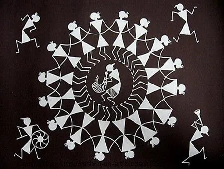 A Warli painting depicting celebration through dance and music. Pic: Flickr 30stades
