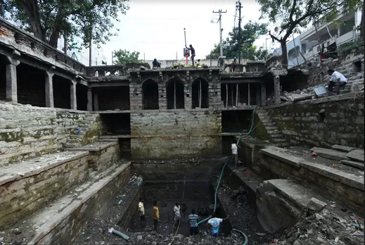 Restoration work underway at the Bansilalpet stepwell. The work was appreciated by Prime Minister Narendra Modi during Mann ki Baat in March this year. Pic: Rainwater Project 30stades