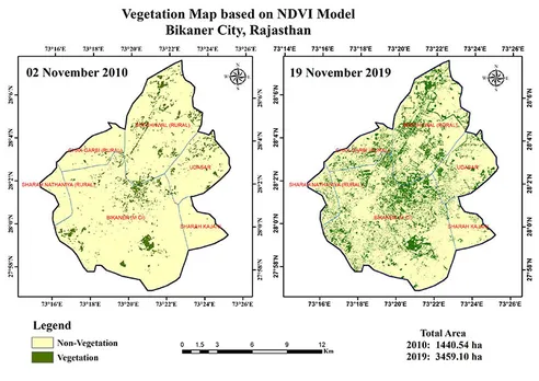 Increase in vegetation cover in Bikaner. Pic:  Pic: Nimish Narayan Gautam, JRF, CAZRI, Jodhpur
Image source: Landsat, Sentinel 2 A 30stades