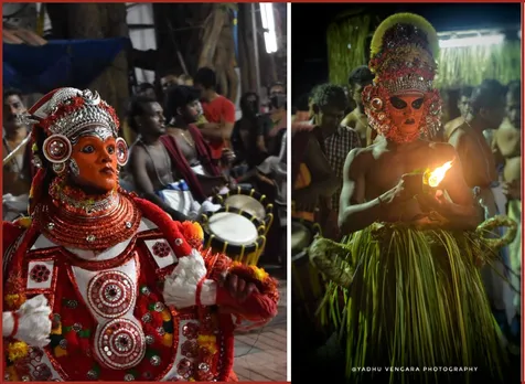 The face of Theyyam artist is painted in vivid orange. The eyes are outlined in black to give a dramatic effect. Pic: Folkland Archives 30stades