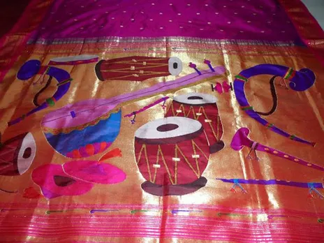 A brocade Paithani with 40-inch pallu and contemporary motifs of musical instruments. Pic: Bhandge Paithani 30stades