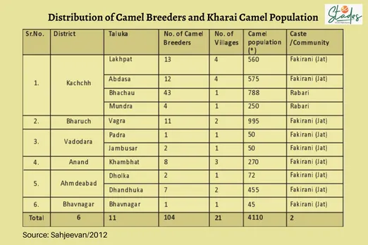 Distribution of Kharai camel breeders -- Rabari and Jat communities and the number of camels. 30stades